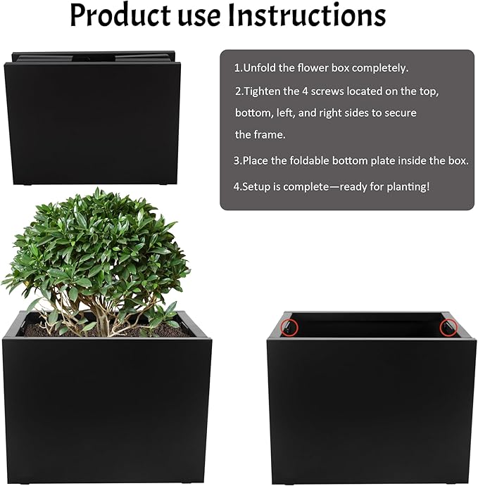 TISUWING Galvanized Steel Rectangular Planter, 16"x 12"x 12" Small Planters for Outdoor Plants, Black Outdoor Planter with Drainage Holes