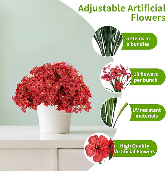 60 Pack Artificial Flowers Outdoor, Faux Silk Flowers for Outdoors Outside Front Porch Hanging Planter Window Box Garden Decoration(Red)