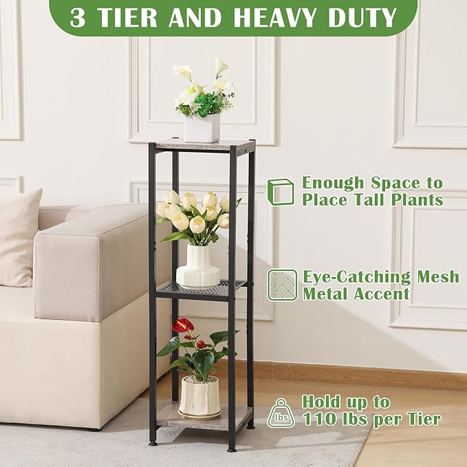 Dipion Extra Tall Plant Stand Indoor,40 Inch Plant Stands,3 Tier Metal Plant Stand with Heavy Duty Wood and Metal Mesh Shelf,Greige and Black