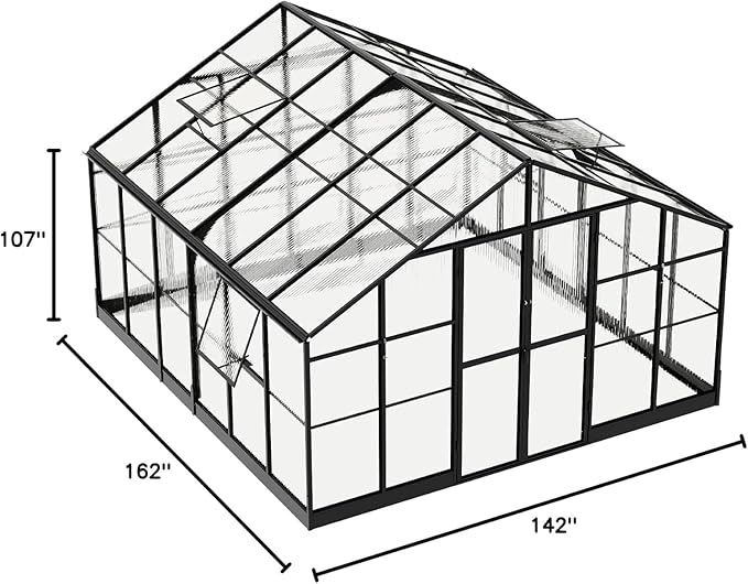 AMERLIFE 12×13.5×9 FT Walk-in Backyard Garden Greenhouse, Polycarbonate Panels, Aluminum Frame, Quick Connect Assembly, 6.7 FT Bronze Double Doors & 4 Vents, Black