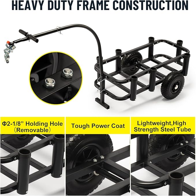 Beach Fishing Cart, w/10 Big Wheels Black PU Solid Balloon Tires for Sand, Fishing Wagon Cart Large Capacity with 32-1/4" L x 16" W Liner and PP Plate, Heavy Duty Surf Cart w/Bicycle Hitch