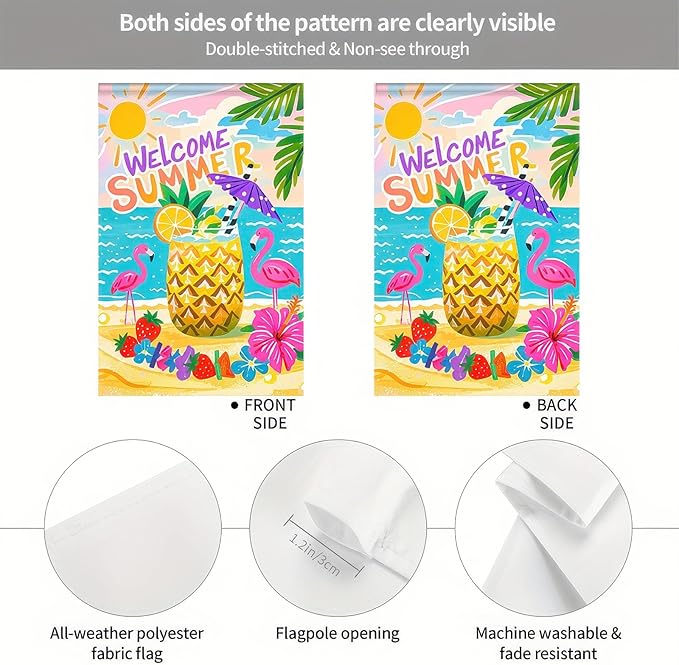 Welcome Summer Garden Flag 12x18 Double Sided Flamingo Sunshine Hawaii Tropical Beach Holiday Garden Flags Welcome Summer Tropical Ocean Sea Yard Flag for Seasonal Outdoor Party Decoration