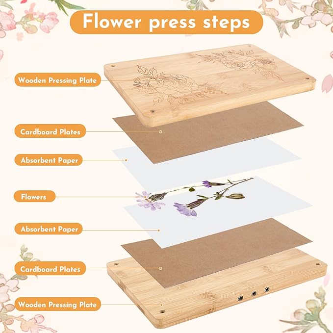 NIUGRECF 1Set Large Wooden Flower Press Kit - Even Pressure Flowers Pressed DIY Arts Set for Making Dried Flower/Plant（11in*7in）