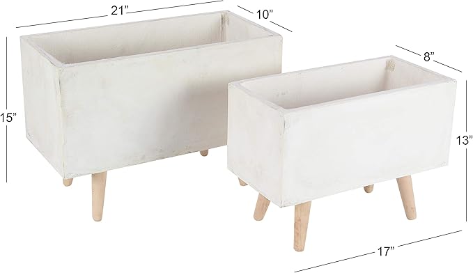 Deco 79 Fiberclay Ceramic Indoor Outdoor Planter Rectangular Large Planter Pot with Brown Wooden Legs, Set of 2 Planters 21", 17"W, White