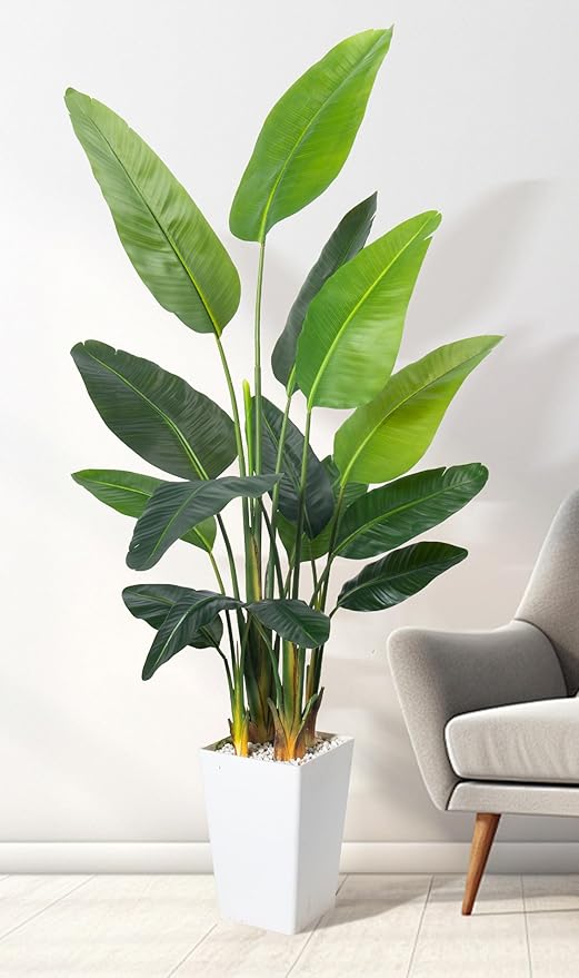HAIHONG Bird of Paradise Artificial Plant 6.8FT, Faux Tropical Palm Tree with White Tall Planter, Large Fake Plants in Pot - Artificial Tree for Home Office Living Room Decor Indoor