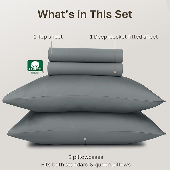 California Design Den 100% Egyptian Cotton Bed Sheets Full, Certified Authentic Deep Pocket Full Size Sheets Set, Soft and Breathable Sateen, Luxury Cotton Sheets (Grey, Full)