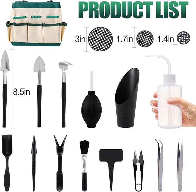 44pcs Small Gardening Tools Gifts for Women Beginners - Garden Hand Tools Set for Indoor Succulent Bonsai Plants Transplanting, Included Bag/Repotting Mat/Shovel/Labels, Green