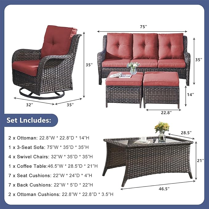 Patio Furniture Swivel Chairs Set - 8 Piece Wicker Rattan Outdoor Sectional Conversation Sets with 4 Swivel Rocking Chairs,2 Ottomans,1 Sofa and 1 Coffee Table for Porch Deck Garden(Brown/Red)