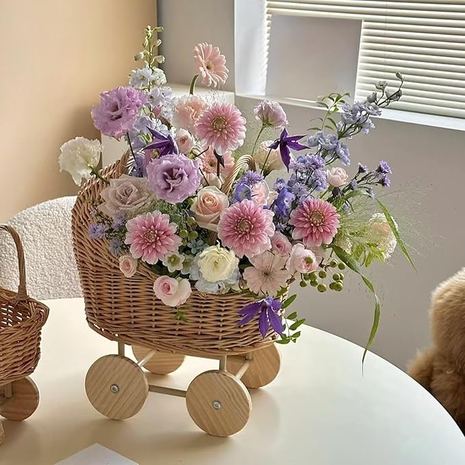 Handmade Wicker Flower Basket Woven Rattan Pushcart Planter Small Stroller Design Fruit Gift Box with Handle for Wedding Baby Shower Centerpiece Candy Storage Home Decor (M)