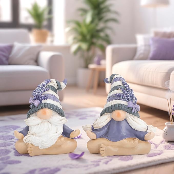Hodao 2PCS Zen Lavender Meditation Gnomes Figurines Set- Yoga Themed Inspired Home Table & Shelf Decor for Relaxation & Serene Living Spaces Yoga Lavender Decor Retirement Gifts for Women (Grey)