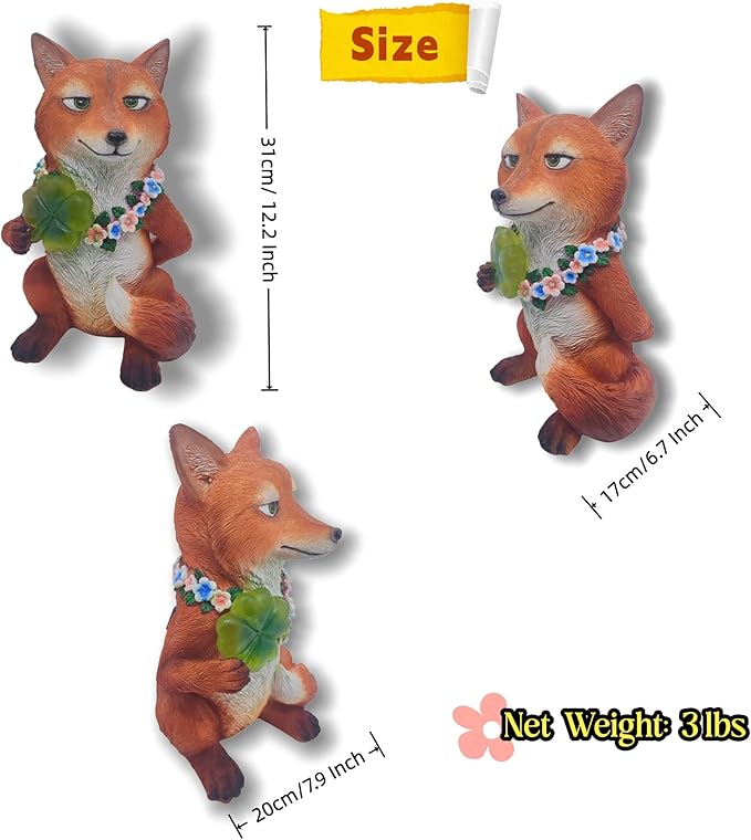 Solar Fox Garden Statue Nick Inspired 12 Inch, Resin Red Fox Figurine Led Outdoor Decor w/ Four-leaf Clover Light, Collectible Garden Guardian Yard Patio Ornaments for Spring St.Pactrick's Mom Gifts