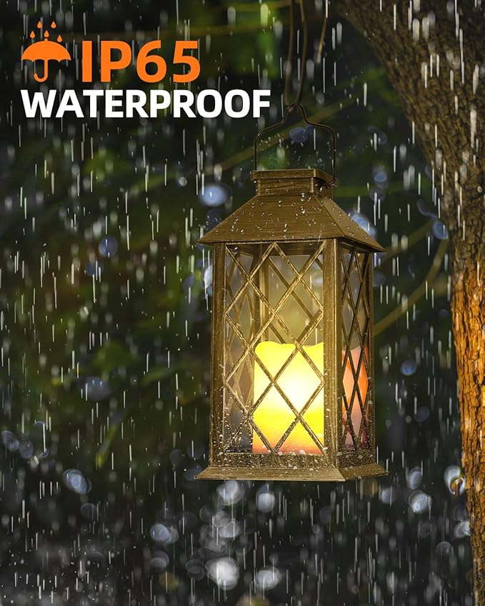Otdair Solar Lanterns Outdoor Waterproof, 2 Pack 14" Solar Lantern with Glass Retro LED Flickering Flameless Candle,Lanterns Decorative Outdoor for Gift, Yard, Garden, Patio, Balcony, Brazen