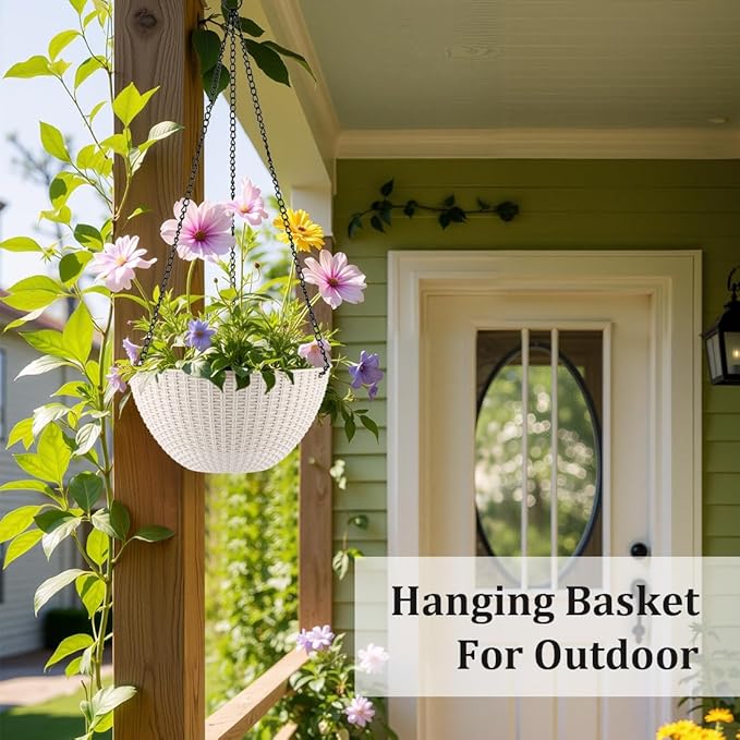 RooTrimmer Hanging Planters for Indoor Outdoor Plants 8 and 10 Inch, 4 Packs Hanging Flower Pot with Drainage Holes, Self-Watering Hanging Basket Perfect for Home, Office and Garden, White