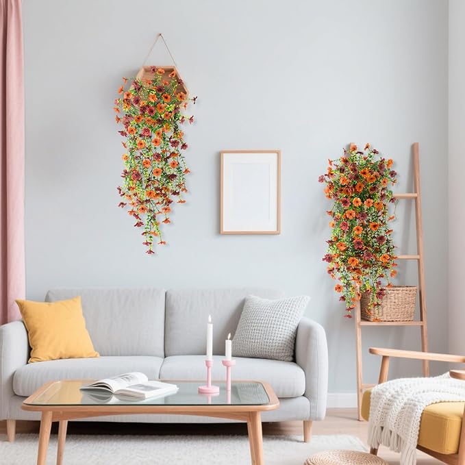 Artificial Hanging Flowers Plants for Outdoor Fall Decoration, 2PCS Faux Silk Daisy UV Resistant Look Real for Outside Home Indoor Planter Porch Garden Yard Autumn Decor(Orange Brown)