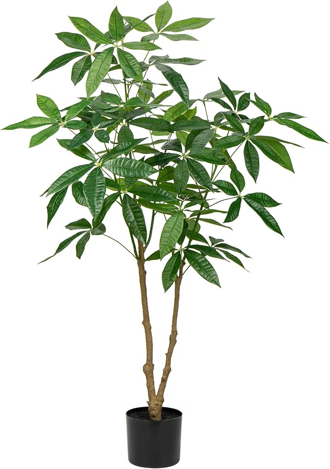 4FT Fake Money Tree - Indoor Potted Artificial Pachira Money Tree Tall Faux Plant in Black Pot - Good Luck & Fortune Plant for Home Office Decor