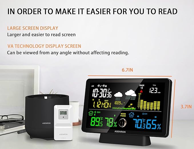 Weather Station with Rain Gauge, Home Weather Stations Wireless Indoor Outdoor with Rain Gauge, Thermometer, Barometric Pressure, Humidity Monitor, Atomic Clock, Digital Weather Forecast and Alerts