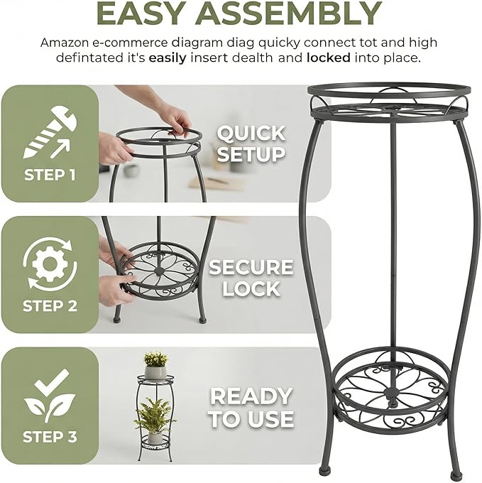NUZZERO Plant Stand for Indoor Outdoor,Tall Black Metal Rustproof Stable Plant Stands,2 Tier 27.1 inch Multiple Corner Display Shelf Plant Rack Holder Rack Flower Pot Stand Heavy Duty Plant Shelf