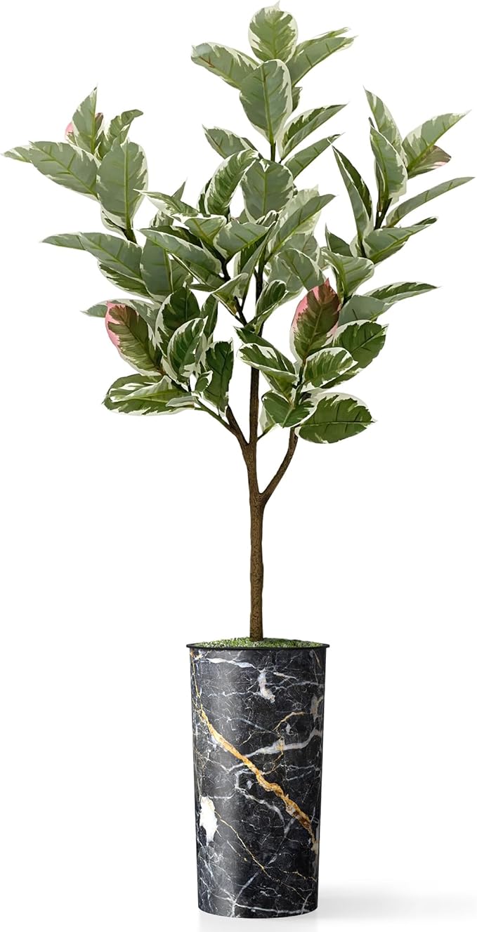 Artificial Tree in Modern Granite Effect Planter, Fake Rubber Silk Tree for Indoor and Outdoor Home Decoration - 70" Overall Tall (Plant Pot Plus Tree)