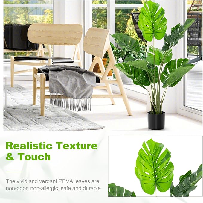 4FT Fake Monstera Deliciosa Plants, Faux Monstera Plant w/15 Turtle Leaves, Cement-Filled Plastic Pot, 60 Inch Fake Plant for Indoor Home Office Living Room Decoration Set of 2