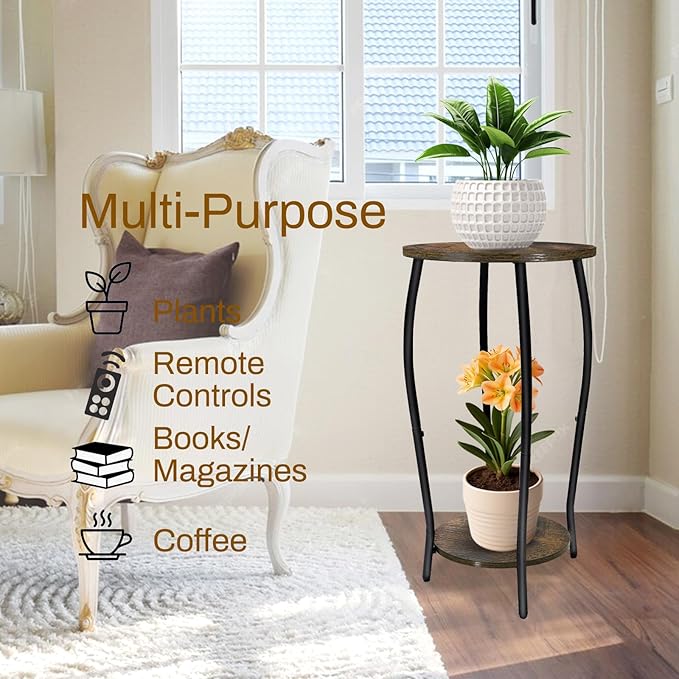 Uniqcovosa Plant Stand Indoor, 2 Tier Tall Wood Plant Stand, 4-Leg Floor Corner Plant Stands, Heavy Duty Plant Shelf Plant Rack Flower Stands For Home Decor, Brown
