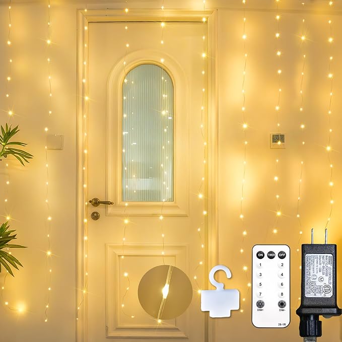 suddus Tangle-Free Curtain Lights,200 LED 6.5x6.5ft Hanging Lights with Hooks, Curtain Lights for Bedroom,Christmas, Dorm, Wall, Backdrop, Window, Wedding, Party, Birthday Decor, Warm White