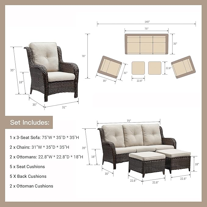 HUMMUH Outdoor Furniture 6 Pieces Patio Furniture Set Wicker Outdoor Sectional Sofa with 2 Patio Chairs,Ottomans,Coffee Table…