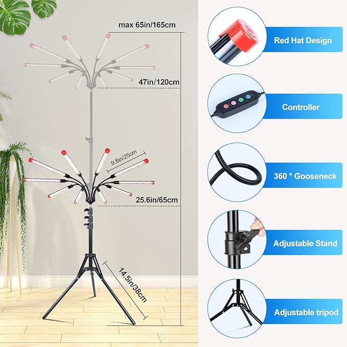 Orchbloom 10-Head Grow Light with Stand and Timer, 90 Watt Power Home Plug LED Grow Lights for Indoor Plants for Tall Houseplants, Bonsai Tree, Seed Starting, 24"-64" Adjustable Height