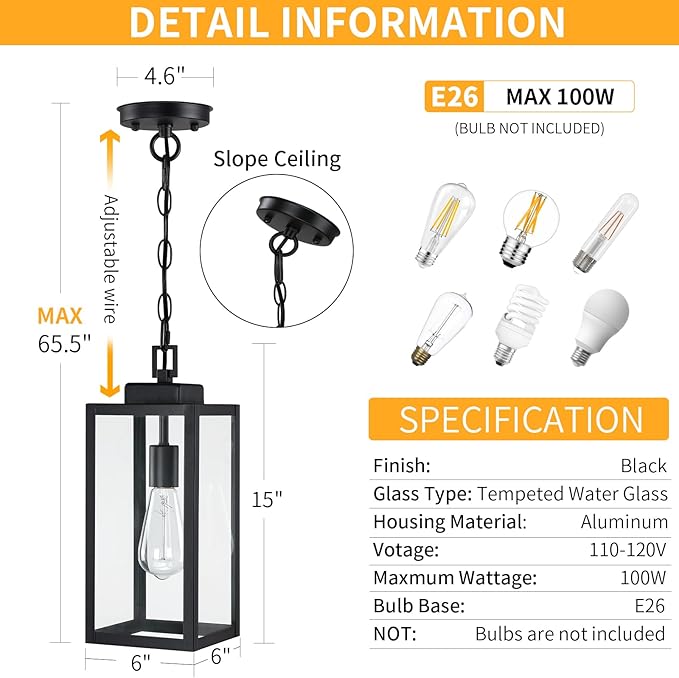 15'' Outdoor Pendant Light, Modern Outside Chandelier Outdoor Hanging Lantern Light, Matte Black with Clear Glass, Exterior Pendant Lighting Fixture Ceiling Mount for Porch, Entryway, Gazebo, 1Pack