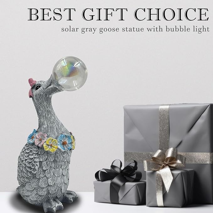 Porch Goose Statue with Solar Bubble Light Garden Gray Figurine Decor for Yard Lawn Patio Outdoor Decorations Housewarming Gifts for Mom Grandma Women