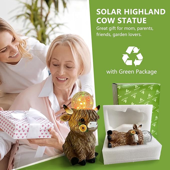 HONGLAND Highland Cow Solar Outdoor Statues for Garden, Outside Decor with Color Changing Lights for Yard Lawn Ornaments Porch Patio Balcony Home Farmhouse, Birthday Gifts for Grandma Mom Women