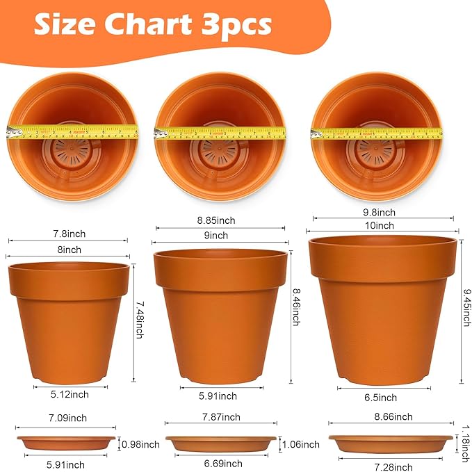 RooTrimmer 3-Pack 8/9/10 Inch Plastic Plant Pots with Saucers – Durable BPA-Free Planters with 21 Drainage Holes, Raised Bottom Breath and Bottom Watering Design for Indoor & Outdoor – Orange