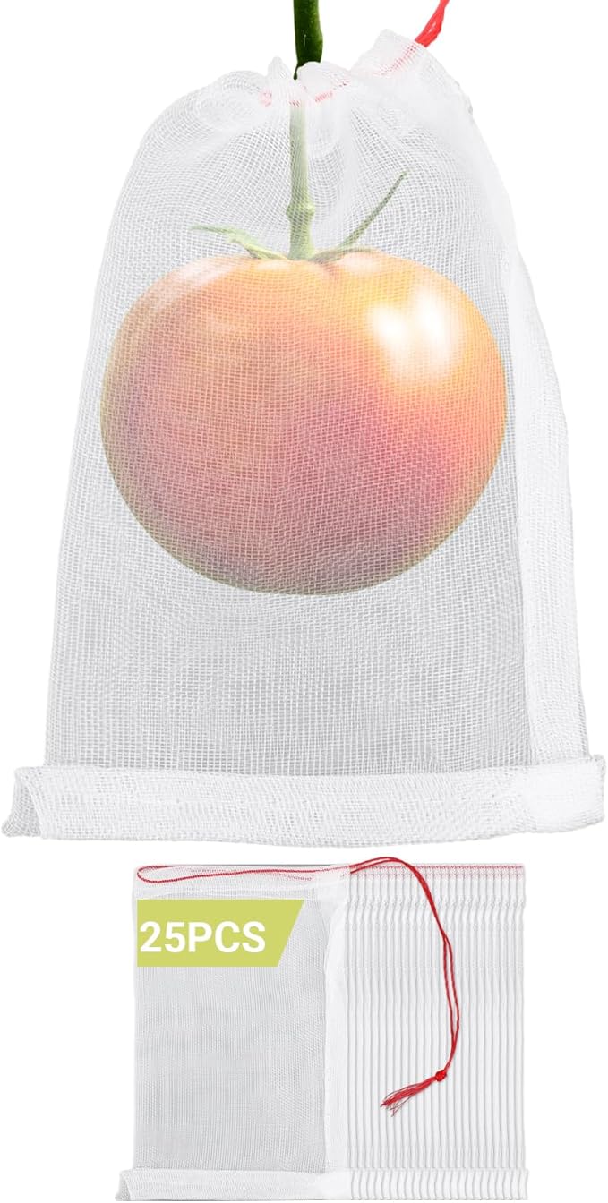Mesh Fruit Cover Bags Against Birds - 25pcs 4x6 in Protection Bags With String for Trees, Vegetables, Flowers - Netting Away From Bugs