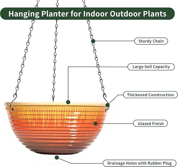 LESOASIS 12 inch Large Hanging Planters for Indoor Outdoor Plants, Set of 2 Glazed Hanging Flower Pots with Drainage Hole, Hanging Baskets for Garden Home Porch Decor
