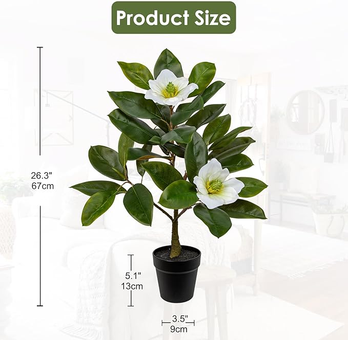Briful Artificial Magnolia Flower Tree in Black Pot – 26.3in Tall Faux Magnolia Plant with Realistic White Blooms Fake Potted Silk Floral Tree for Home Office Room Kitchen Outdoor Porch Décor