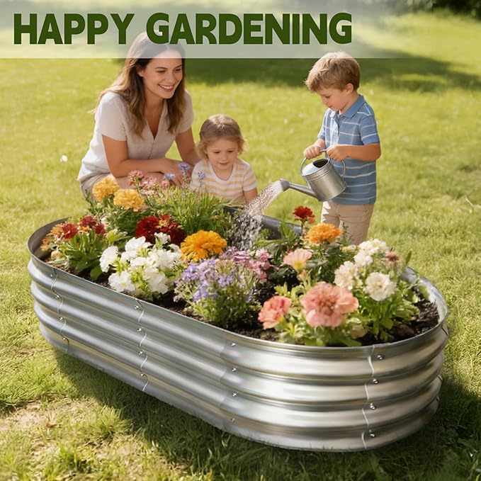 Galvanized Raised Garden Bed Outdoor, Large Raised Bed for Gardening, 4x2x1ft Oval Metal Planter Box for Vegetables, Fruits, Flowers, Silver
