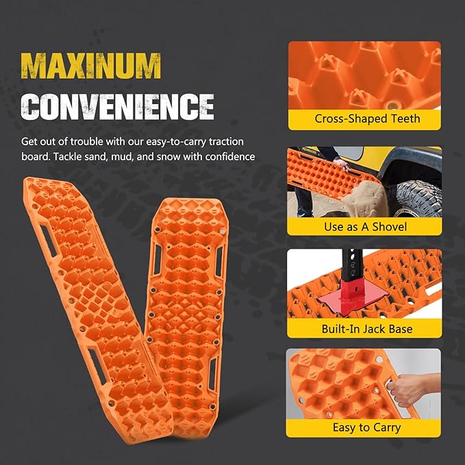 BUNKER INDUST Gen 7th Traction Boards with Mounting Kit, Pair Offroad Recovery Tracks with Jack Base for 4X4 Jeep Truck Tire Traction-Sand,Mud, Snow Ramps (Orange)