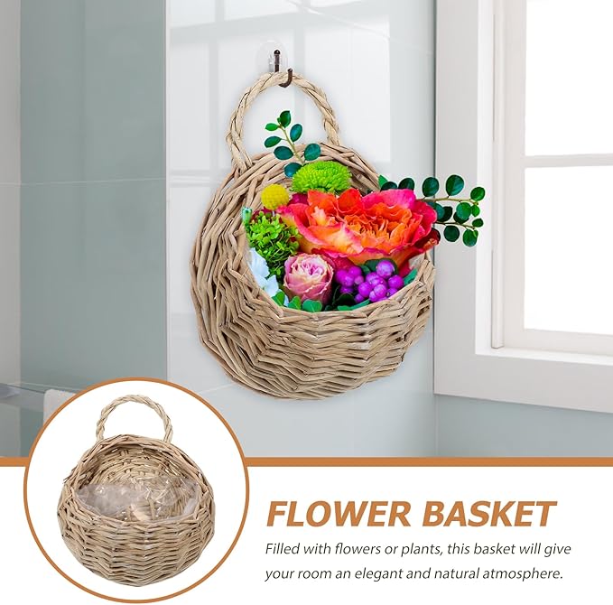 DOITOOL Rattan Basket Hanging 2pcs Rattan Hanging Planters - Round Plant Baskets Bonsai Flowerpot - Woven Flower Pots Flower Holders Containers for Garden Balcony （Dark Khaki）