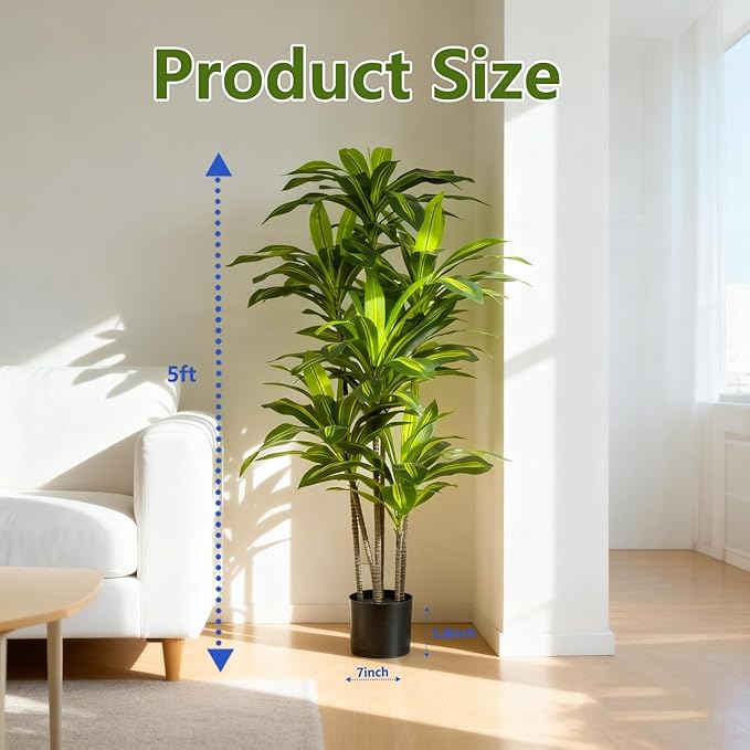 Dracaena Artificial Plant Indoor 5FT - Tall Faux Floor Plant in Pot - Large Tropical Fake Tree with Lifelike Leaves - Artificial Dracaena Tree for Home Office Living Room Decor