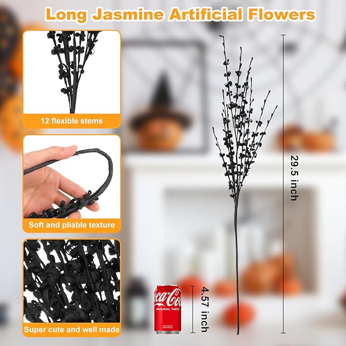 10pcs Jasmine Halloween Flower 29.5'' Long Halloween DIY Floral Picks for Halloween Party Indoor Decorations Gothic Home Badroom Centerpieces Vase Fillers (Orange, White, Black)