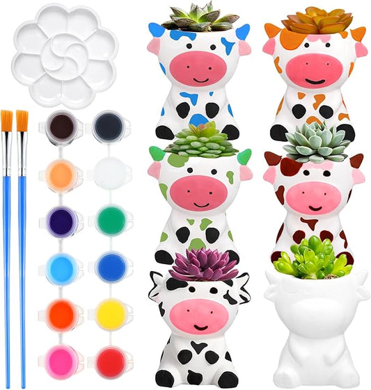 Pasimy 6 Set Ceramics to Paint DIY Ceramic Succulent Planter Pots Paint Your Own Flower Pots Craft Kit Unpainted Bisque Flowerpot with Brush Palette for Family Activity Holiday Gifts(Cow)