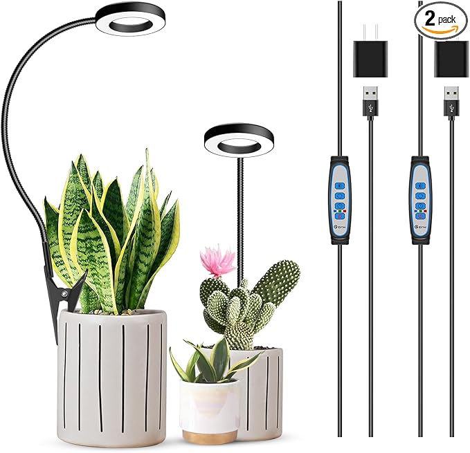 Xuligron Plant Light 2 Pack, Clip on Grow Lights for Indoor Plants, LED Full Spectrum Halo Grow Lamp with, 6/12/16H Timer, 5 Dimmable, 3 Modes, 2 Installation Options Clip or Plug