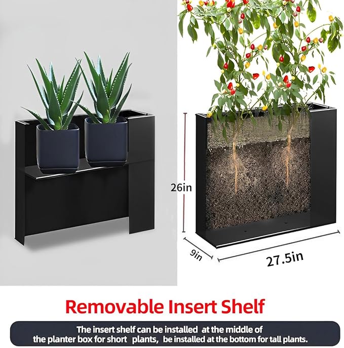 Megawodar Metal Tall Long Planter Box Large Rectangular Planter Flower Pot with Drainage Holes for Indoor Outdoor Deck Porch Garden Home Patio Front Door (Black, S)