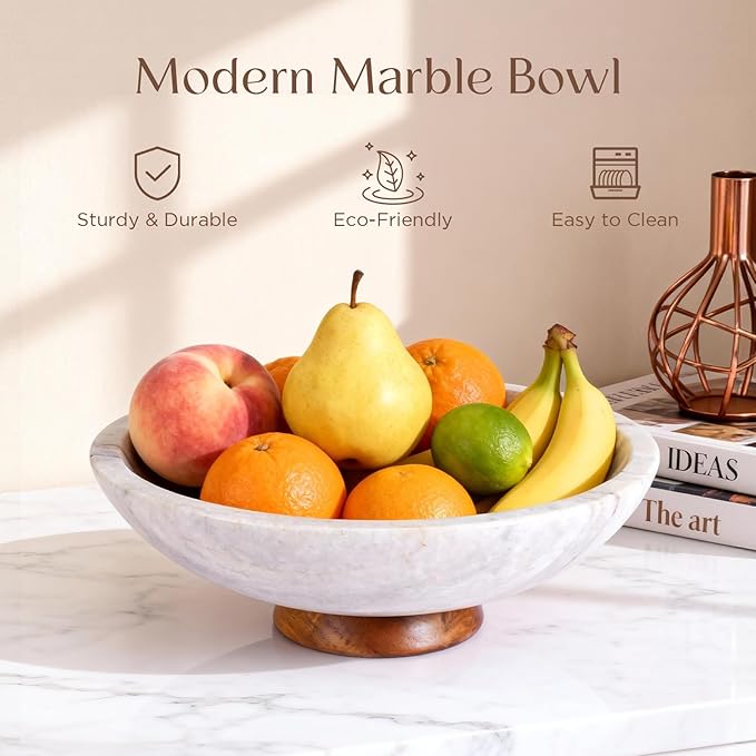 SAMAH Gray Marble Fruit Bowl with Acacia Wood Pedestal, Large Decorative Footed Bowl, Natural Stone Centerpiece for Kitchen Counter, Entryway, Keys, Dining Table, House Warming Gifts New Home(11Inch)