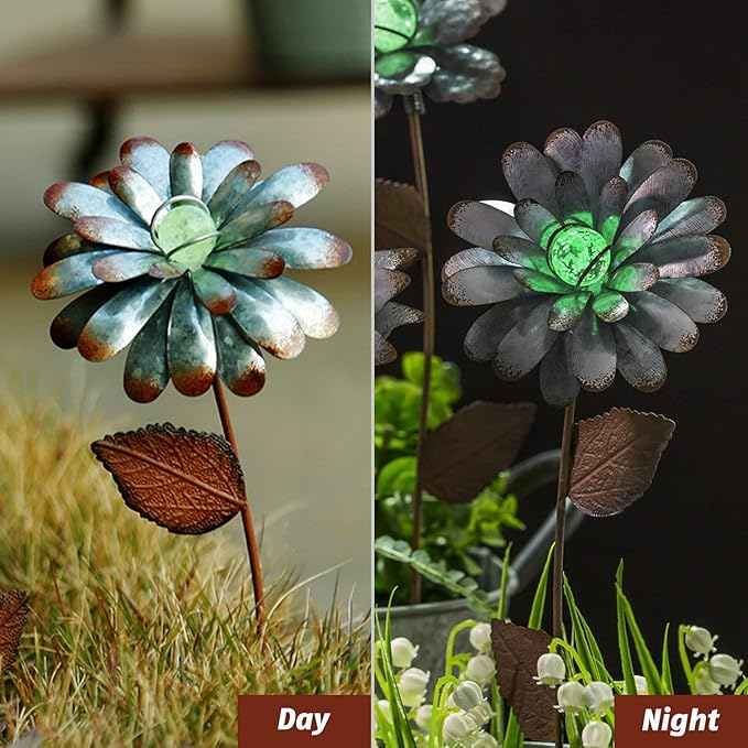 Voltogar 3 PCS Flower Stake Galvanized Metal Decoration for Garden & Outdoor, 13.8" H Glass Globe Glow in Dark Plant Pick Ornament Water-Proof Garden Art for Lawn & Patio