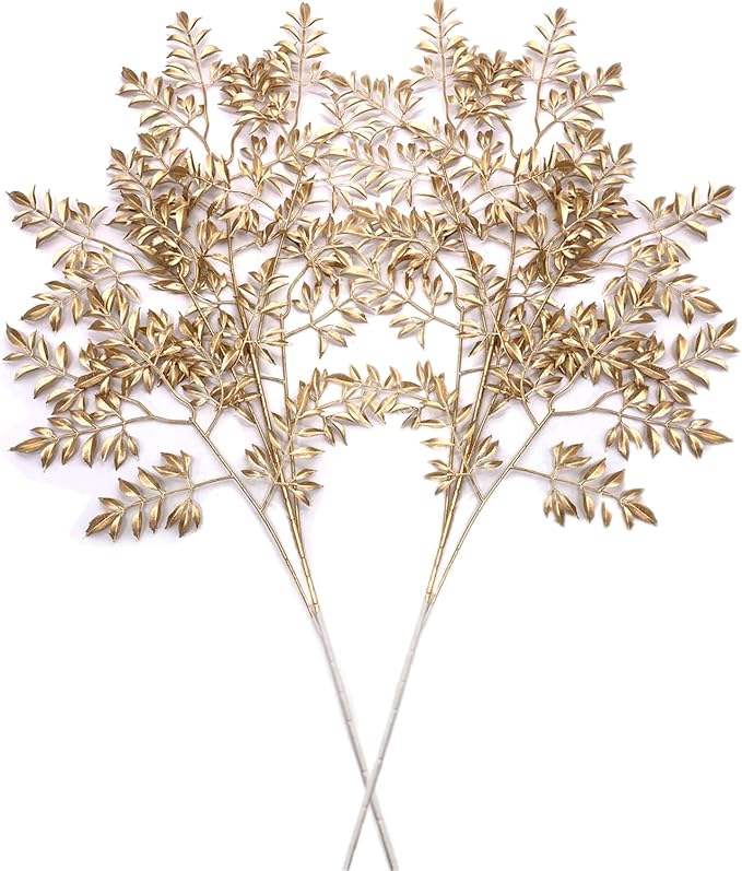 CATTREE Gold Leaves Branches Artificial Plants for Christmas Decor 30" Tall 2 Pack, Fake Shrubs Simulation Golden Leaf Faux Indoor Outdoor Planter Filler Hotel Hall Wedding DIY Decoration