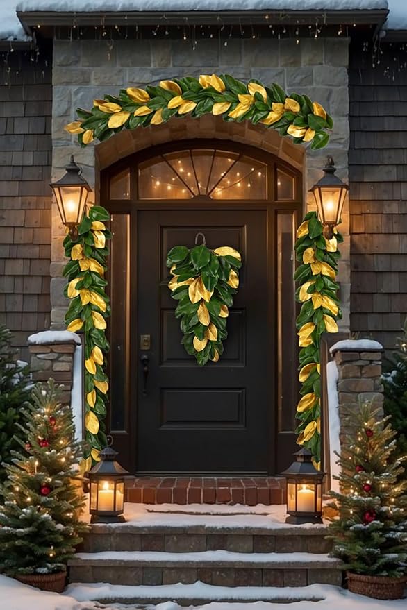 Christmas Gold Leaf Holiday Teardrop Swag – 27" Artificial Magnolia Greenery Hanging Decoration – Elegant Front Door & Fireplace Décor for Christmas Thanksgiving