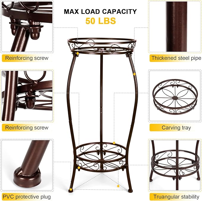 Gynyinly 2 Tier Rustproof Iron Plant Stand - Heavy Duty Outdoor Plant Stands For Patio, Balcony Or Garden Or Planter Corner - Plant Stand Indoor (Bronze)