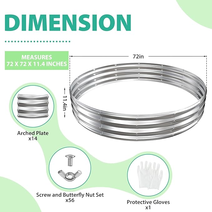 6FT Diameter Galvanized Garden Raised Bed/Plant Box/Fire Pit Ring-0.8mm Thick,12 Inch Tall,Crimped Edge and Corner,No Sharpe,Perfect for Plantings (Silver, 72 Dia X 11.5 inches)