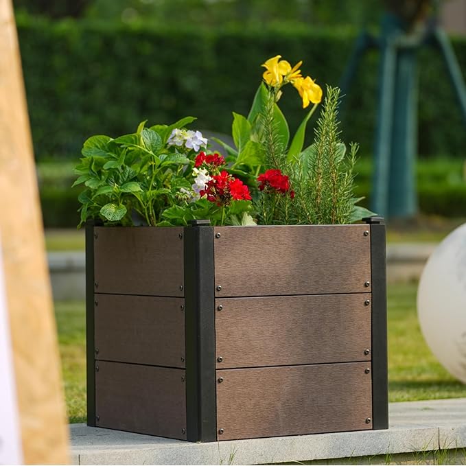 GarveeLife 19" x 19"x 17" Wood Look Raised Garden Bed with Bottom, Outdoor Planter Box for Vegetables & Herbs, Durable Composite Deep Root Bed for Vegetables, Flowers in Backyard, Patio