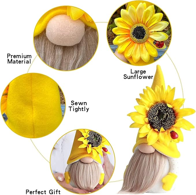 Gnome Plush Decorations for Home, Spring Summer Sunflower Gnome Decor, Handmade Faceless Plush Doll, Easter Gnomes Ornaments for Home Office Festival Decor (Yellow)